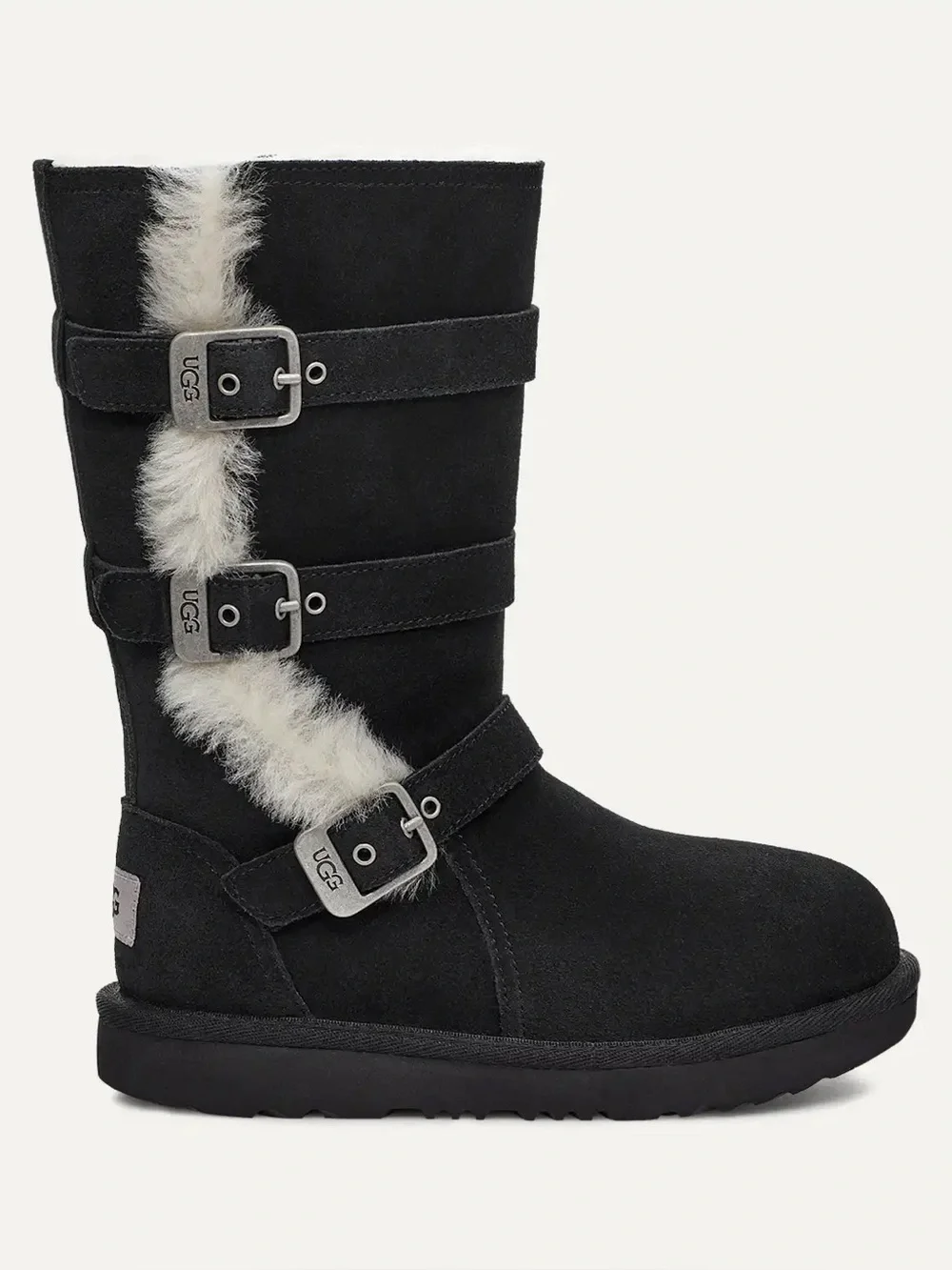 UGG Maddi Black Buckle Fur Boots, Size 4